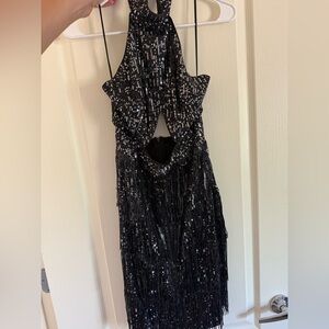 Black Sequin Fringe Halter Dress